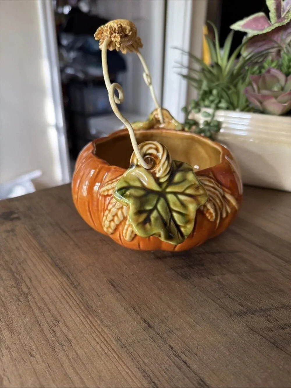 Vintage Ceramic Pumpkin Harvest Basket With Wheat Stalk Motif On The Handle